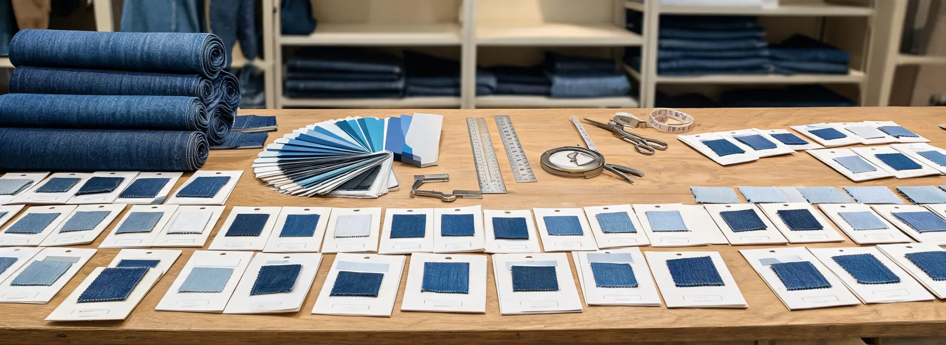 Denim and apparel fabric rolls at a specification table